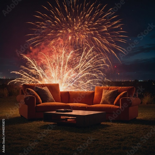 A fiery gradient sofa in front of a massive firework show.