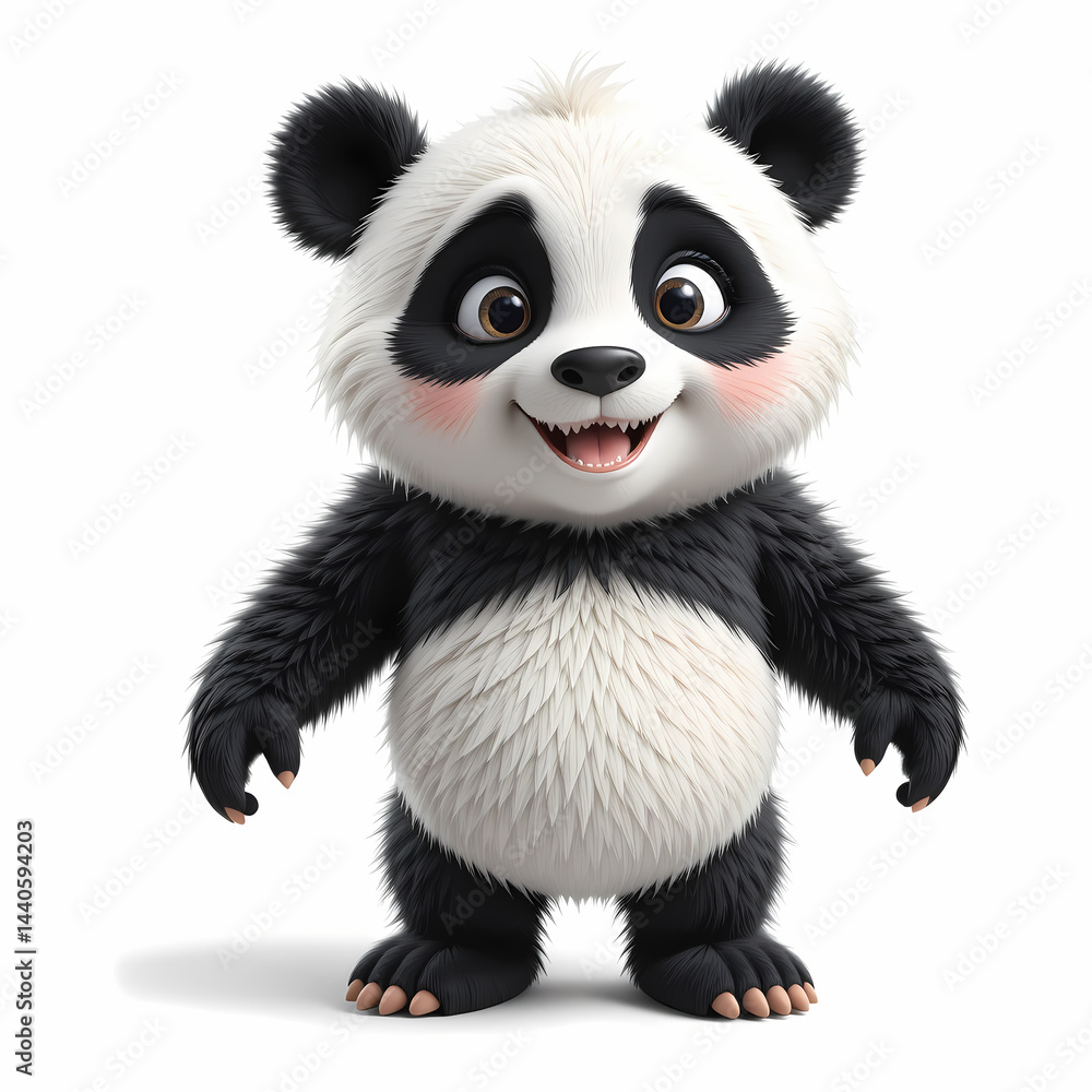 Fototapeta premium 3D Cute Funny Happy Cartoon baby Panda Character Looking At Camera Isolated on White Background.