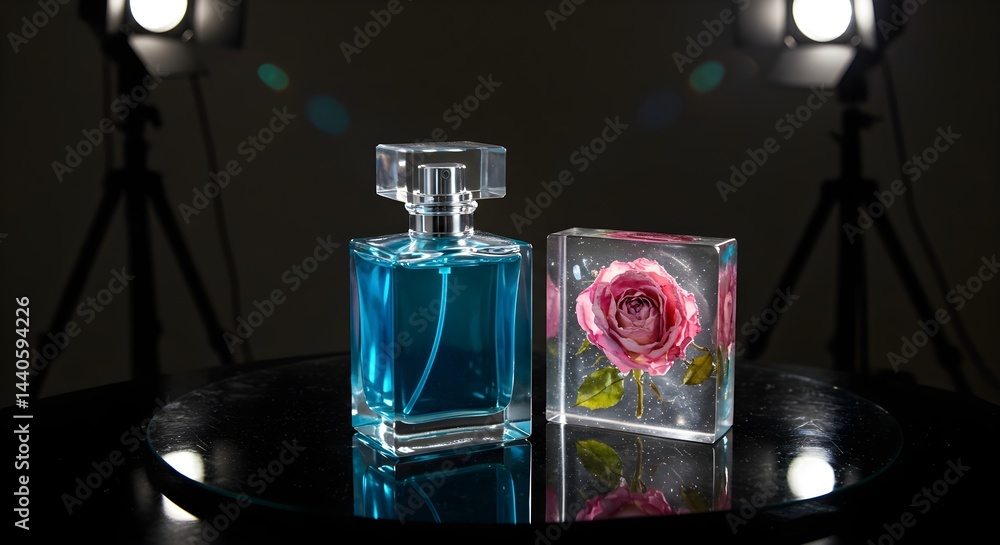 A vibrant blue perfume bottle and a delicate pink rose encased in resin, elegantly arranged under studio lighting. A touch of luxury and sophistication.