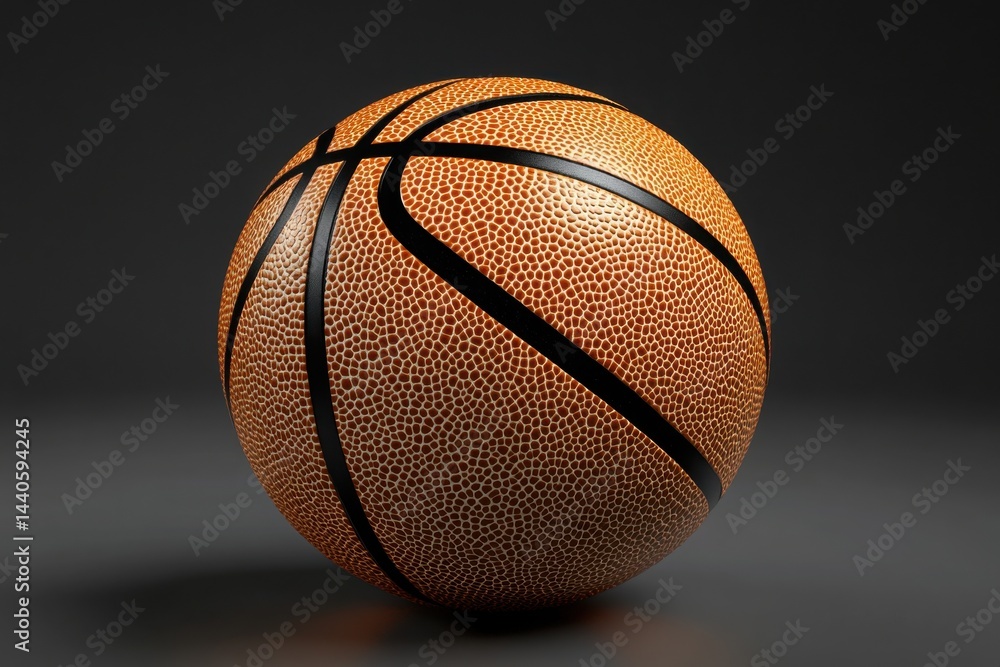 Obraz premium A 3D-rendered basketball with a glossy textured surface and gold-outlined black panels, set against a dramatic dark gradient background to evoke the spirit of sport and competition