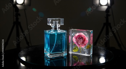 Obraz na płótnie A vibrant blue perfume bottle and a delicate pink rose encased in resin, elegantly arranged under studio lighting. A touch of luxury and sophistication. w salonie