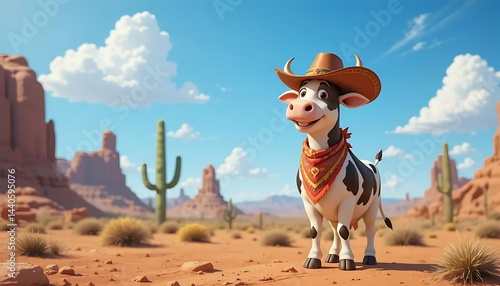 Cowboy Cartoon Cow – Wild West Farm Fun	Funny cartoon cow wearing a cowboy hat and bandana, perfect for western-themed branding, kid's parties, and playful agricultural ads