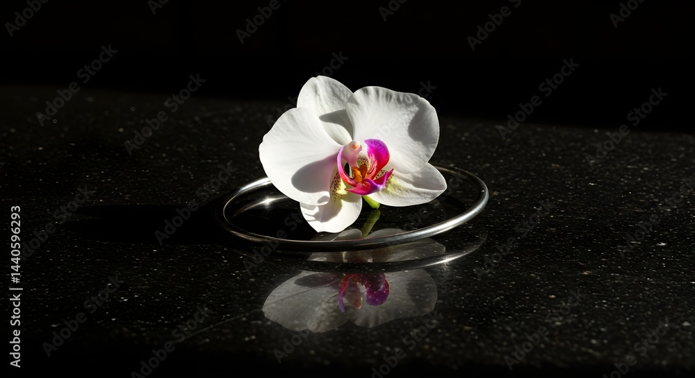 A single white orchid with a vibrant pink center rests on a sleek, dark surface. The delicate petals and subtle lighting create a serene and elegant mood.
