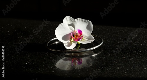 Obraz na płótnie A single white orchid with a vibrant pink center rests on a sleek, dark surface. The delicate petals and subtle lighting create a serene and elegant mood. w salonie