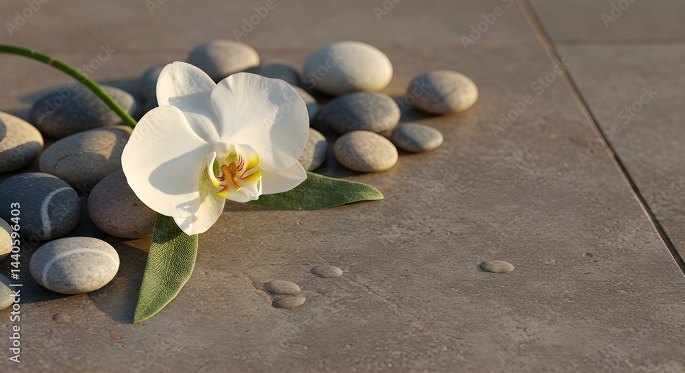 Serene scene of a white orchid resting on smooth stones, creating a tranquil and calming atmosphere.