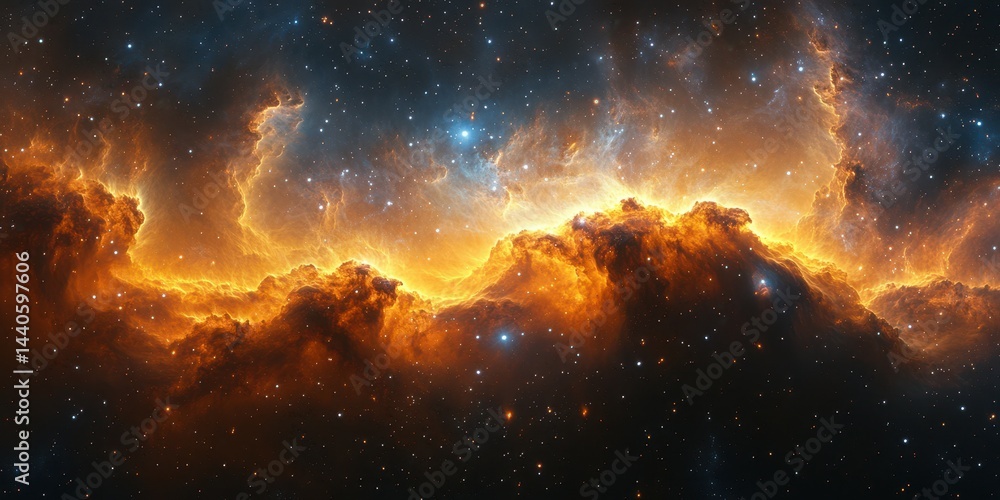 Naklejka premium Vibrant cosmic clouds illuminated by radiant stars in the vast universe during a mesmerizing celestial event