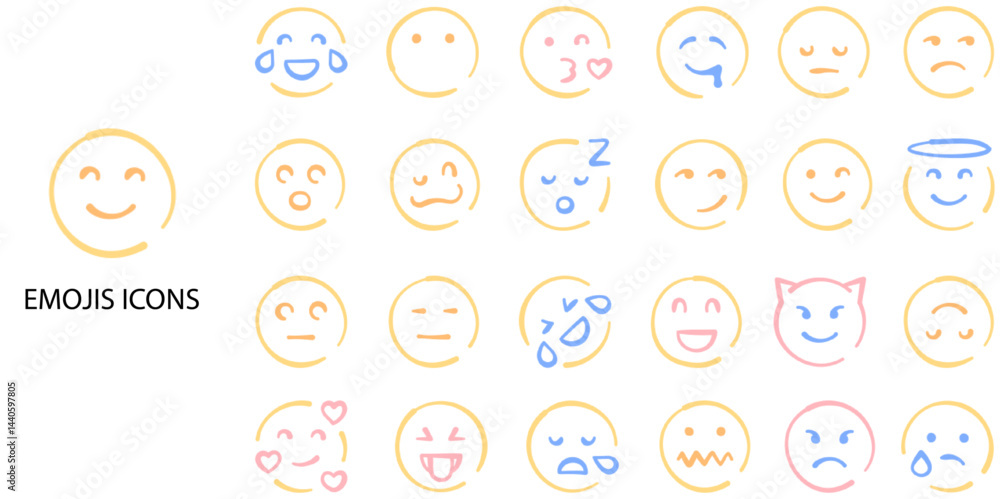 EMOJI simple concept 24 color icons set. Contains such smiley face, smiling, happiness, confusion, sadness, heart shape, sleeping, anger .Vector illustration. EMOJI simple concept 24 color icons set. Contains such smiley face, smiling, happiness, confusion, sadness, heart shape, sleeping, anger .Vector illustration.