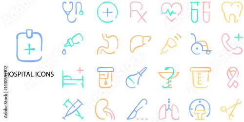 Hospital simple concept 24 color icons set. Contains such hospital, management, care, set, health, insurance, emergency, job .Vector illustration.