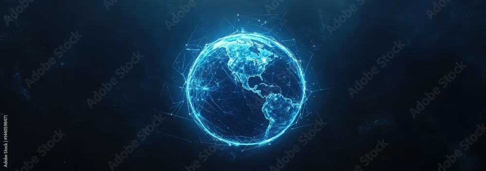 abstract futuristic background with glowing blue planet and hexagon shapes, digital technology banner with global network connection concept on dark background abstract futuristic background with glowing blue planet and hexagon shapes, digital technology banner with global network connection concept on dark background