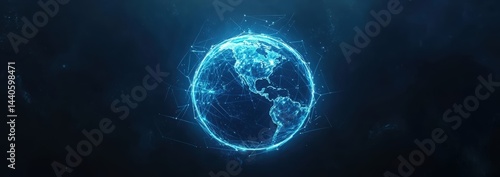 abstract futuristic background with glowing blue planet and hexagon shapes, digital technology banner with global network connection concept on dark background