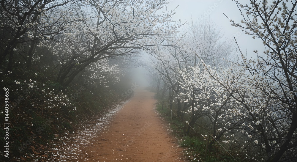 Misty morning path lined with delicate white blossoms. A serene and peaceful scene.
