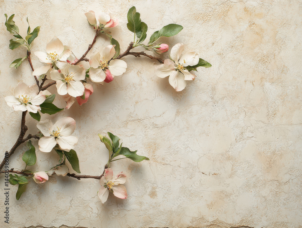 Delicate apple blossoms with pink buds and green leaves on textured beige background create serene and natural composition