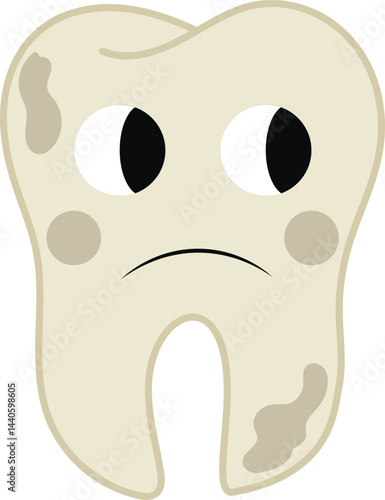 Hand drawn sick tooth in cartoon flat style. Vector illustration of kawaii tooth character for stickers, web design, kids poster, card, fabric print, educational books.