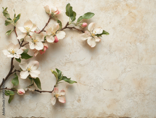 Obraz na płótnie Delicate apple blossoms with pink buds and green leaves on textured beige background create serene and natural composition w salonie