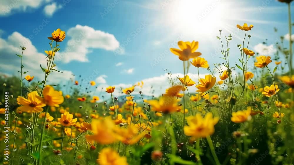 Vibrant wildflower field under bright sunlight with cloud movement in summer Vibrant wildflower field under bright sunlight with cloud movement in summer