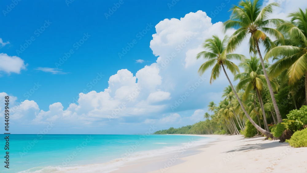 Obraz premium Stunning Tropical Beach with Palm Trees Under a Clear Sky