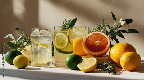 Wallpaper Mural Citrus cocktails with lemon, lime, orange and grapefruit in highball glasses on a sunlit white table Torontodigital.ca