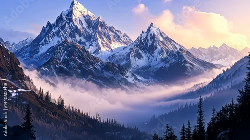 Wallpaper Mural Majestic mountain sunrise with rolling clouds and snowcovered peaks Torontodigital.ca
