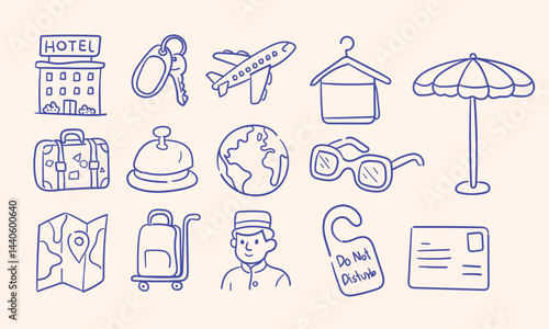 Travel and hotel doodle illustrations featuring airplanes, luggage, hotels, maps, sunglasses, and vacation elements, perfect for tourism projects, trip planning, vacation marketing, and adventure them