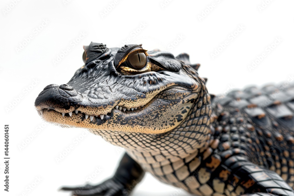 Alligator gazing directly at the viewer with striking details against a pure white background Alligator gazing directly at the viewer with striking details against a pure white background