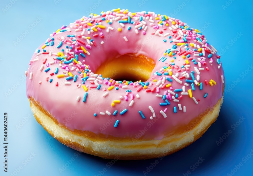 Delicious frosted pink donut with colorful sprinkles on a vibrant blue background, perfect for food photography and dessert-themed projects Delicious frosted pink donut with colorful sprinkles on a vibrant blue background, perfect for food photography and dessert-themed projects
