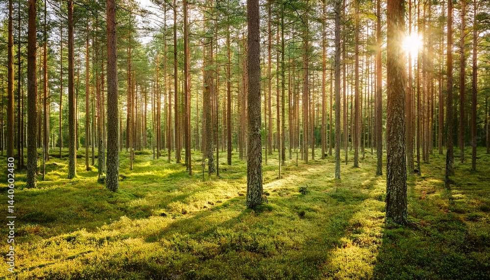 Obraz premium beautiful and well cared pine forest in sweden with sunlight shining through the canopies