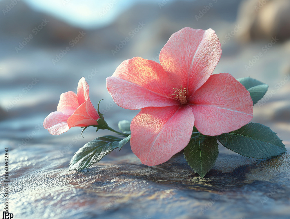 Delicate pink hibiscus flower with lush green leaves rests gracefully on smooth, reflective surface, evoking sense of tranquility and natural beauty