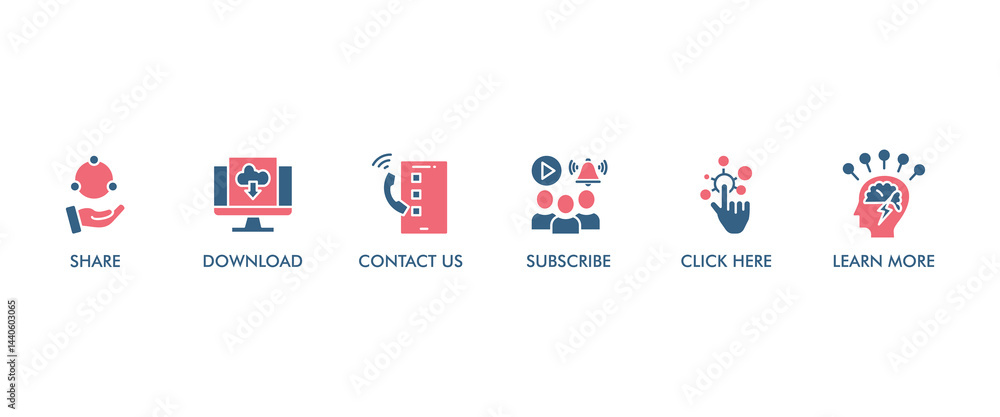 Fototapeta premium Call to action banner web icon set vector illustration concept with icon of download, share, learn more, watch our video, contact us, subscribe, and click here icons symbol easy to edit