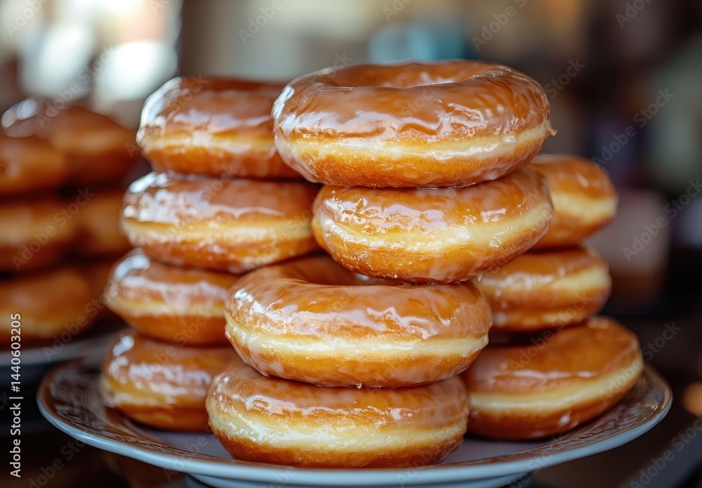Delicious Glazed Donuts Stacked on a Plate Ready to Enjoy in a Bright and Tempting Bakery Environment Delicious Glazed Donuts Stacked on a Plate Ready to Enjoy in a Bright and Tempting Bakery Environment