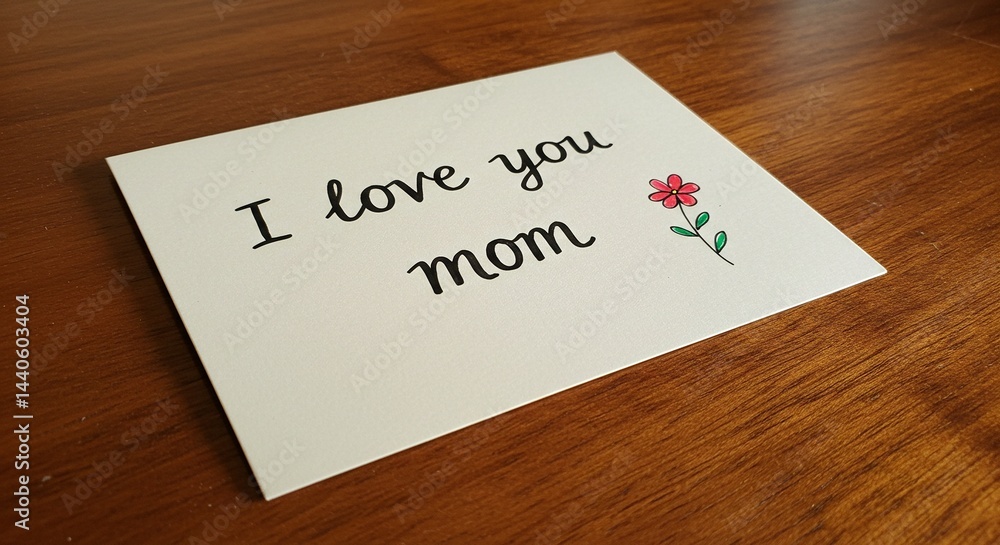 A handmade card on a wooden table, expressing love for mom with a cute flower. A handmade card on a wooden table, expressing love for mom with a cute flower.