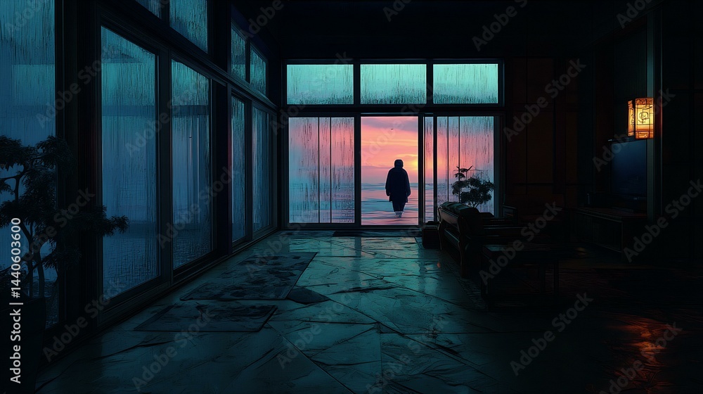 A person is standing in a room with a view of the ocean