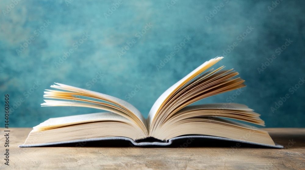 an open book on a wooden table with a blue background