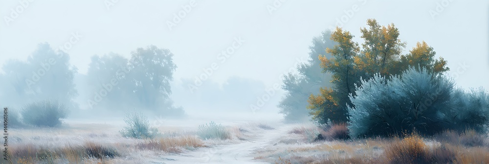 A painting of a forest with trees and a path