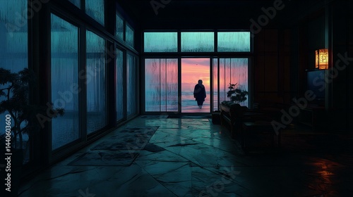 Obraz na płótnie A person is standing in a room with a view of the ocean w salonie