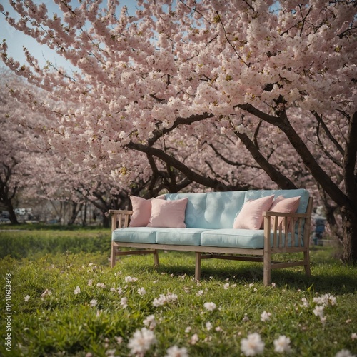 A pastel sofa in a blooming sakura park.