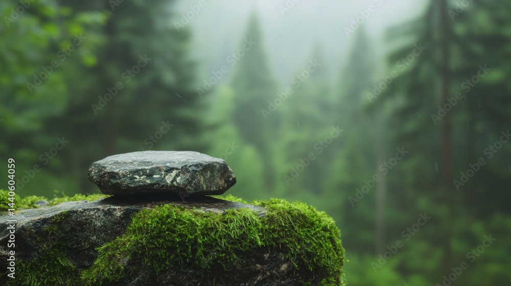 a rock with moss growing on it in the middle of a forest with trees in the background and a foggy sky