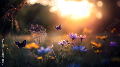 Wallpaper Mural A spider resting on its web in a serene meadow, with butterflies and wildflowers surrounding it. Torontodigital.ca
