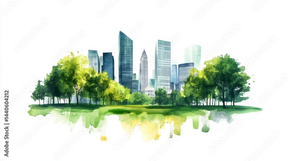 Obraz premium Serene Watercolor Cityscape with Lush Green Trees
