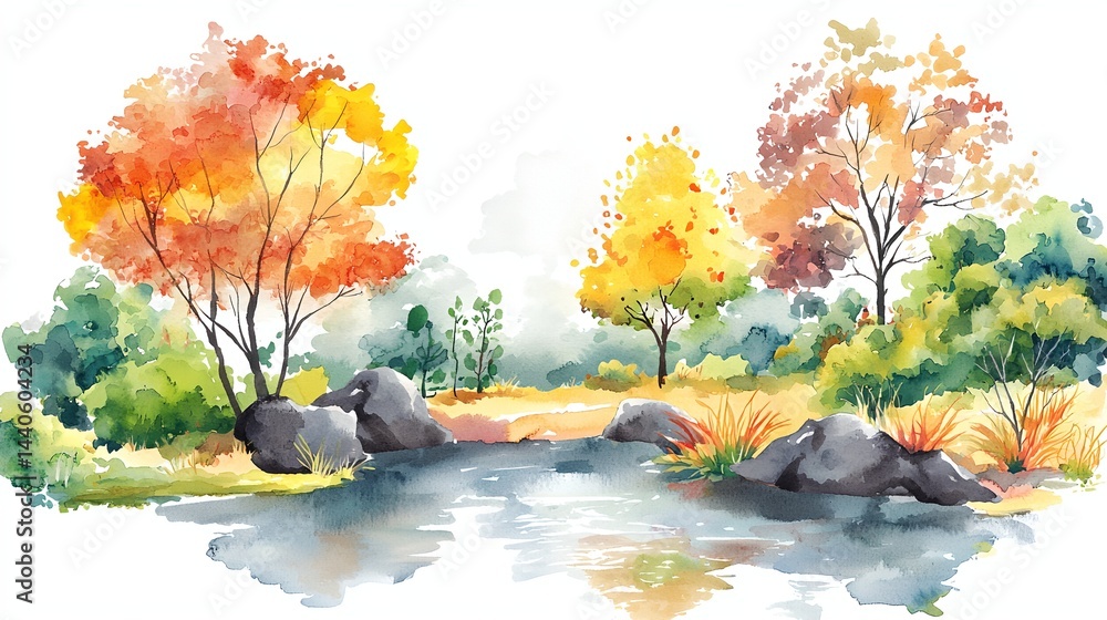 A painting of a forest with a river and trees