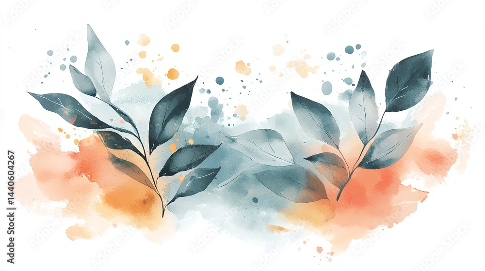 A painting of two leaves with a splash of orange and blue