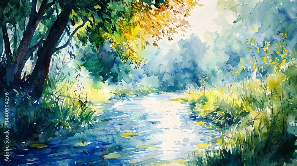 A painting of a river with a tree in the foreground