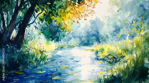Obraz na płótnie A painting of a river with a tree in the foreground w salonie