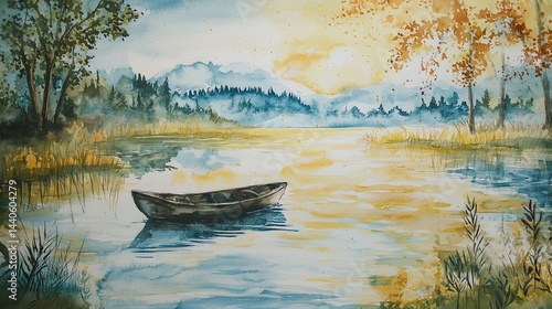 Obraz na płótnie A painting of a lake with a boat floating on it w salonie