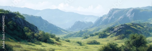 Obraz na płótnie A painting of a mountain range with a grassy valley in between w salonie