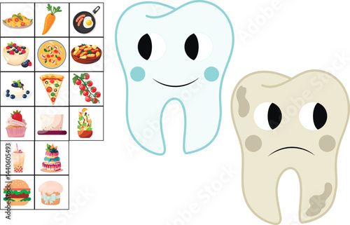 Healthy Food Matching Game for Kids. Healthy Food Matching Game with lots of healthy and unhealthy foods. Healthy food learning for toddlers. Cut and Glue Worksheet. Vector Illustration