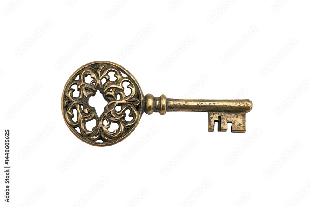 Obraz premium Transparent background vintage golden key with ornate design