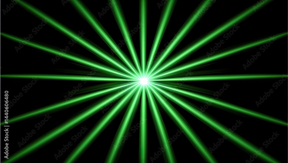 Obraz premium Green light rays emanating from central bright point on black background