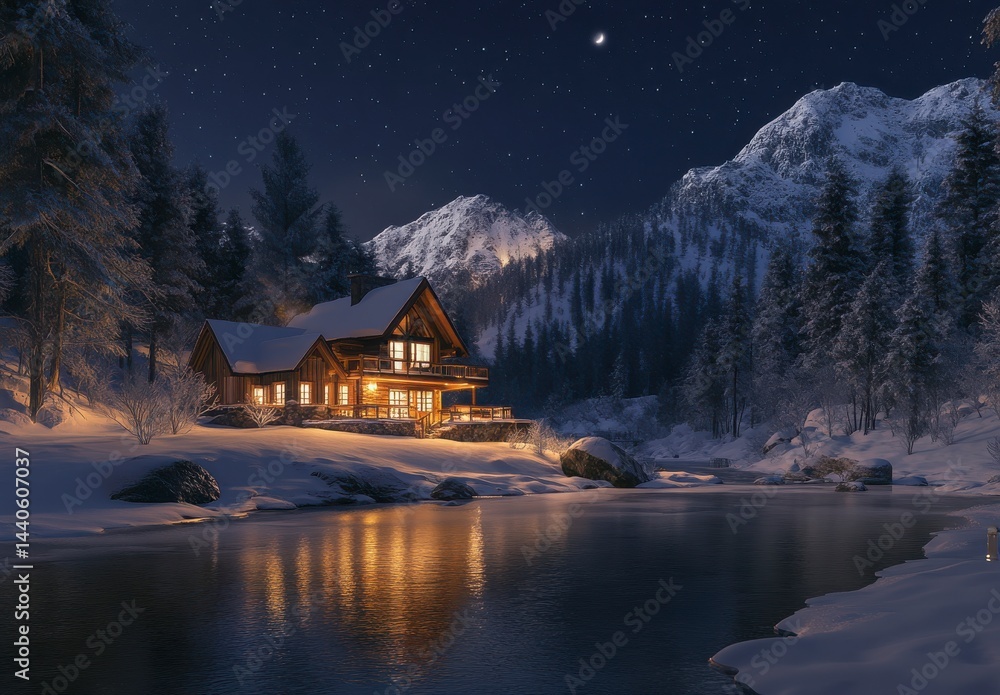 Fototapeta premium Snowy Mountain Cabin Night Scene Warm Lights Reflecting on River