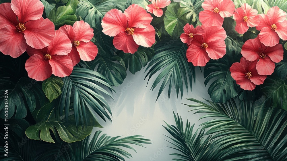 Lush tropical flowers and leaves border on light background Lush tropical flowers and leaves border on light background