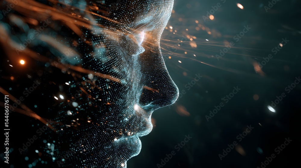 Digital Human Face Emerging from Glowing Binary Code and Pixel Fragments – Concept of Evolving AI Consciousness